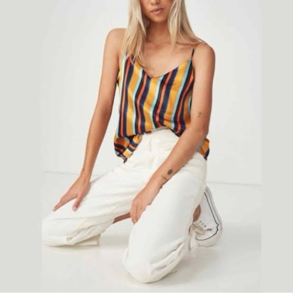 Cotton:On Riley Stripe Inca Gold Satin Astrid Cami Tank Top Blouse Sz XS NWT
